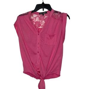 Almost Famous Button‎ Up Top Size Large Pink With Lace Womens Sleeveless